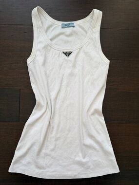 Prada White Ribbed Cotton Tank with Triangular Logo